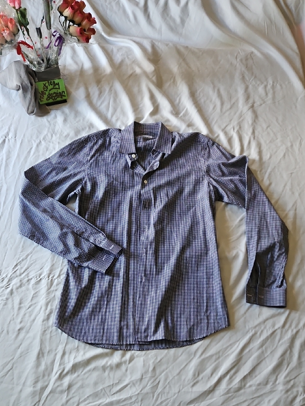 Prada Men's Blue and White Checked Dress Shirt